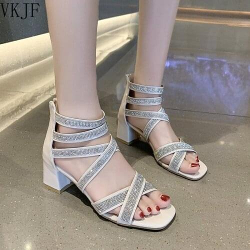 Fashion Cross Strap Sandals for Women Summer Back Zipper Thick Heels Pumps Female Office Working Rhinestone Shoes Woman