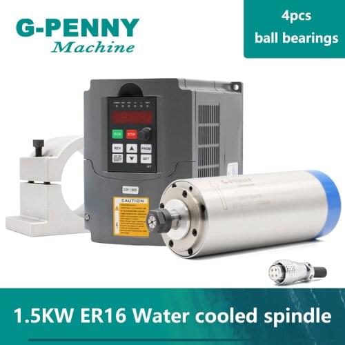 Lengthening Type 220v 1.5kw ER16 Water Cooled Spindle Motor 4 pcs bearings 80X220mm & 1.5kw VFD/ Inverter & 80mm Clamp Bracket