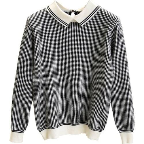PERHAPS U Women Black White Turn Down Collar Long Sleeve Knitted Top Plaid Patchwork Autumn B0250