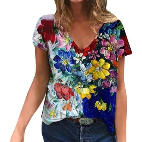 Women Floral Landscape Print V-neck Short-sleeved Top T-shirt Tie Dye 3d Floral Print Women Casual Short Sleeve Loose 2021