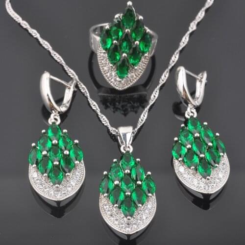 Luxury Female Green Zirconia Jewelry Sets For Women Silver Color Wedding Jewelry Earrings Pendant Necklace Rings QZ0589