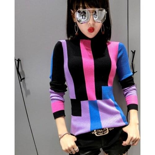 Multicolor Stitching Turtleneck Sweater Women 2020 New European Station Stretch T-shirt Fashion Bottoming Shirt