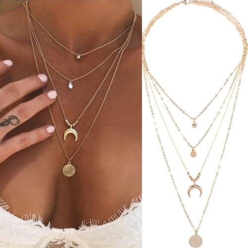 Fashion personality Women Multilayer Choker Horn Long Crescent Moon Pendant Necklace Chain Bohemia Jewelry Vacation accessories