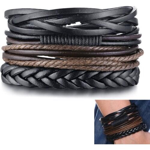 1 Set Chic Multi-Layer Bracelet Handmade Braided Bracelet Adjustable Pu Leather Bracelet For Man Woman Black jewelry