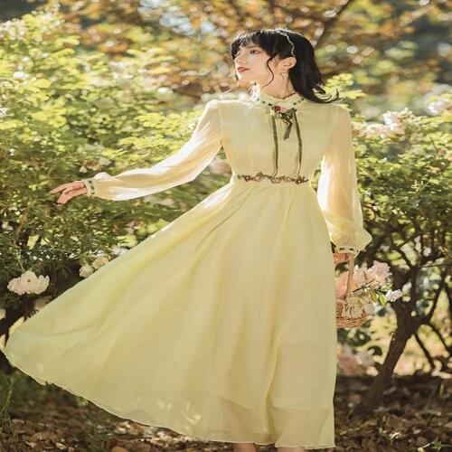 2021 Autumn Vintage New Arrival High Quality Bowknot Stand Collar Flower Embroidery Long Sleeve Woman Long Chiffon Dress