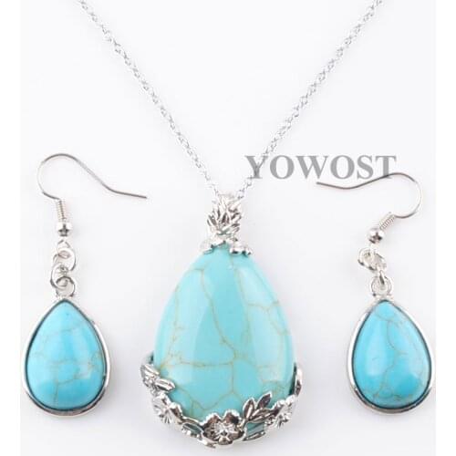 Lucky Jewelry Set for women girl as gift natural stone Beads earrings Chain necklace Teardrop Turquoises Dangle Pendant QQ3076