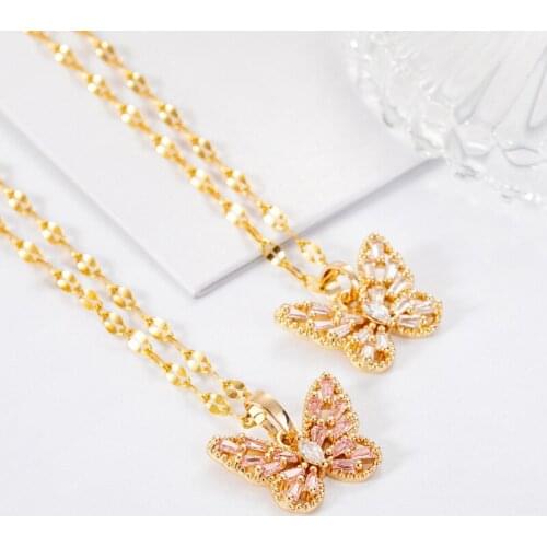 TIMEONLY Korean Style Shiny Crystal Butterfly Pendant Necklace Titanium Steel Hollow Chain Necklaces for Women Female Jewelery