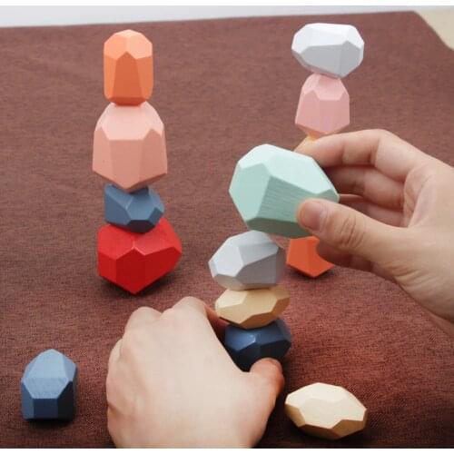 Childrens Wooden Colored Stone Jenga Building Block Educational Toy Creative Nordic Style Stacking Game Rainbow Wooden Toy Gift