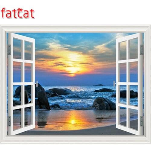 FATCAT 5D DIY Diamond Painting window Seaside Sunset blue ocean Landscape Full Drill Rhinestones Mosaic Diamond Embroidery AE313