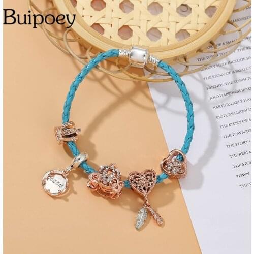 Buipoey Cyan Blue Leather Bracelets For Women Girls Rose Gold Heart Beads Crown Pendant Wonderland Pumpkin Carriage Bracelet