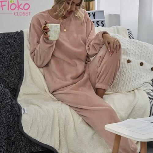 Flokocloset Winter Plush Two Piece Pant Sets Flannel Sweatshirts and Full Length Harem Pants Fashion Pajamas Set
