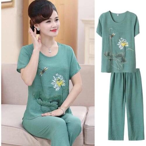 Summer Cotton and Linen Two-piece Suit Short-sleeved Print Top + Loose Cropped Trousers Casual 2 Pieces Large Size 4XL