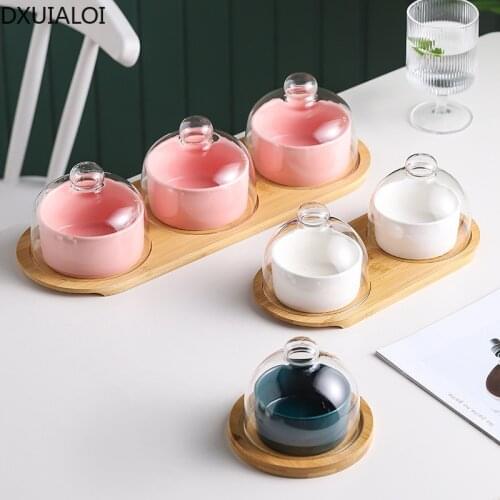 Creative Ceramic Large Dessert Bowl Double Plate Household Glass Lid Snack Bowl Afternoon Tea Pudding Salad Ice Cream Bowl