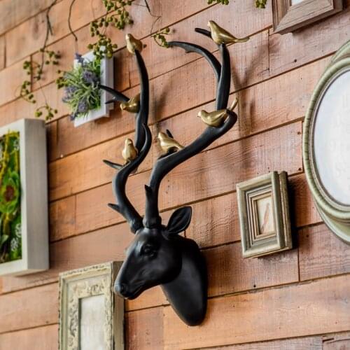 Nordic Creative Deer Head Statue With Golden Bird Wall Hanging Antler Hime Living Room Background Wall Decor Pendant Ornaments