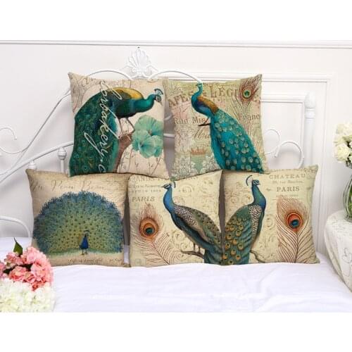 Buy Retro Images Peacock Printed Cotton Linen Sofa Cushion Cover Pillow Cases Waist Pillowcases Cover Price Wholesale Home Decor