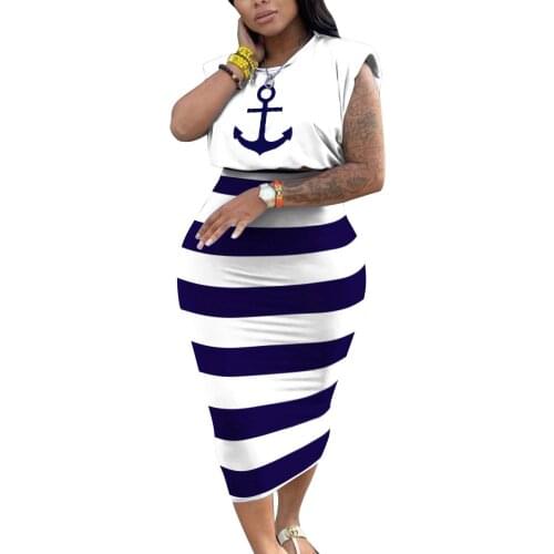 Cutubly Plus Size 2 Piece Suit Fashion Outfits White Blue Striped Print Summer Club Sleeveless Top Skirt Sets For Women