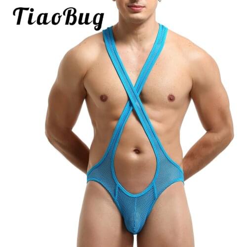 Mens See Through Sheer Mesh Bodysuit Racer Back Crisscross Front Erotic Catsuit Bulge Pouch Jockstrap Wrestling Singlet Leotard