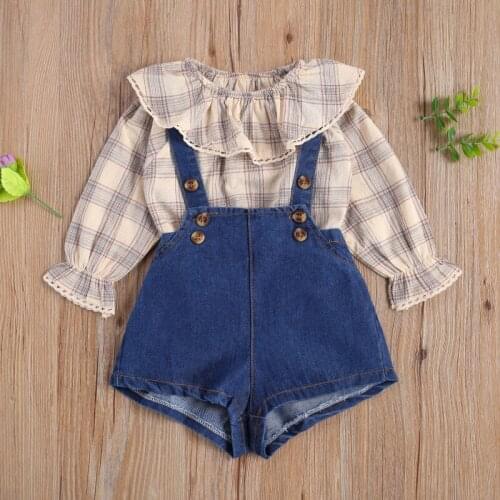 Summer 2 Pcs Newborn Casual Outfits, Baby Long Sleeve Ruffle Collar Plaid Pullover + Suspender Shorts