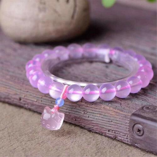 Genuiene Natural Pink Rose Quartz Women Bracelet Bangle 8mm Round Beads Men Fashion Cat Pendant AAAAA