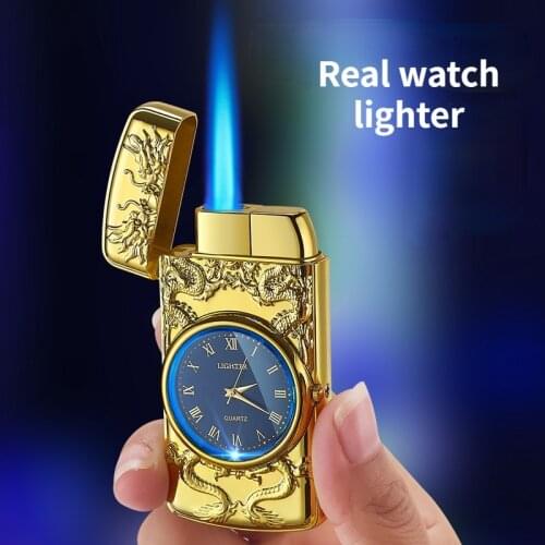 New Creative Fashion Butane Lighter Unusual Torch Turbine Straight Into Windproof LED Blue Light Watch Lighters Gift For Man