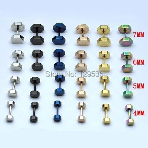 Wholesale price New 4 5 6 7 8MM width Hexagon titanium steel punk Men Pierced Earrings 6 colors for choose free shipping EM0013