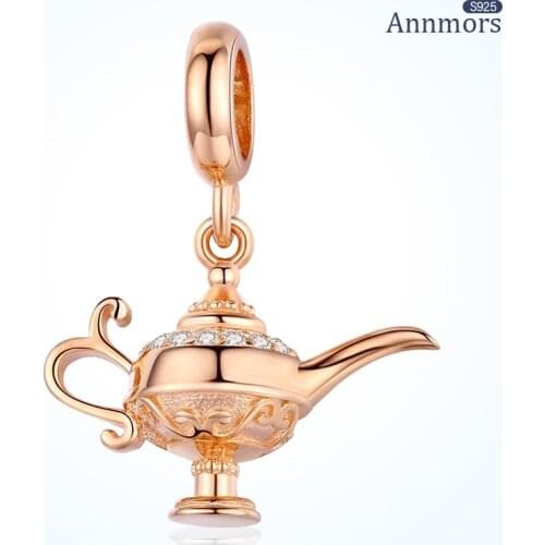 Golden Teapot Charm 925 Sterling Silver Fits Pandora Charms Bracelets for Woman Girl Beads Gifts for Women Bracelet and Necklace