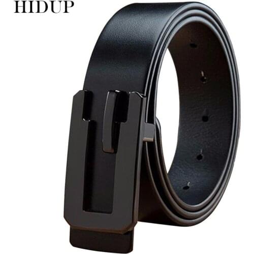 HIDUP New Design Smooth Buckle Metal Black Styles Belts Solid Cow Genuine Leather Belt for Men Fashion 3.3cm Accessories NWJ650