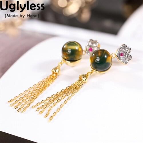 Uglyless Ethnic Tassels Earrings for Women Multi Gold Chains Brincos Natural Blue Amber Earrings Real 925 Silver Vintage Jewelry