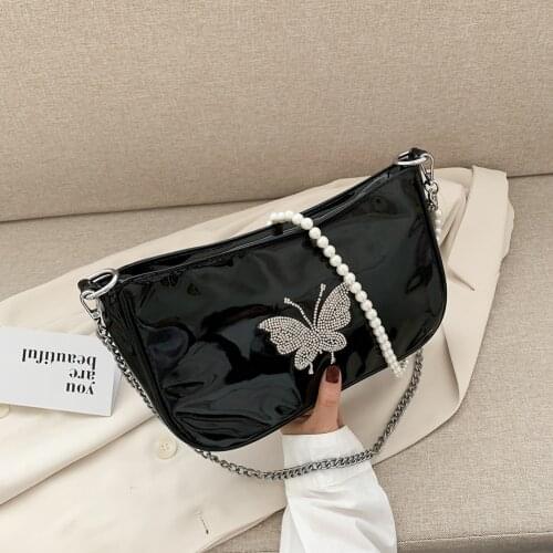 Women Handbag Butterfly Fashion Rhinestone Pearl Chain PU Shoulder Crossbody Bag Ladies Chain Shoulder Messenger Bag