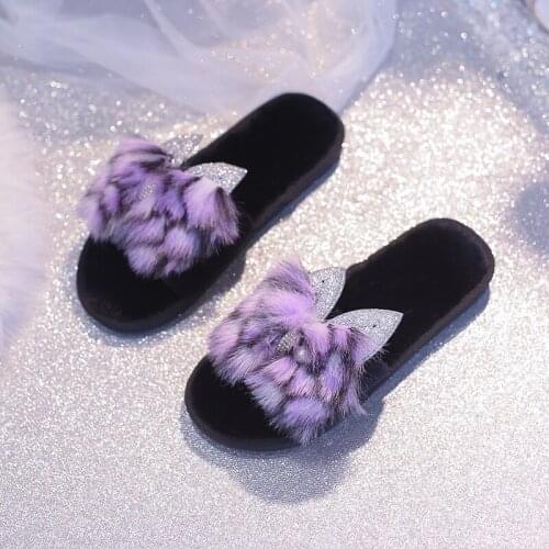 Women 2021 New Autumn and Winter Outdoor String Bead Fuzzy Slippers Female Warm Fur Slipper Ladies Soft Plush House Flip Flops