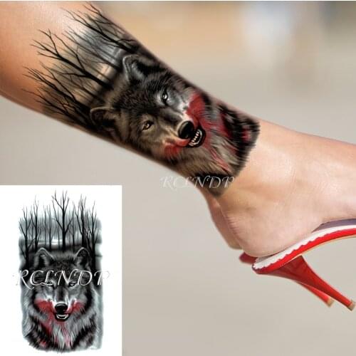 Waterproof Temporary Tattoo Sticker Bleeding Wolf Forest Dead Tree Big Size Fake Tatto Flash Tatoo Arm Leg Art for Women Men