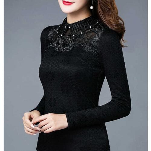 Womens Doll Collar Lace Diamond Bottoming Blouses Female New Slim Long Sleeve Thick Tops Shirt Autumn Winter 2020 Plus Size
