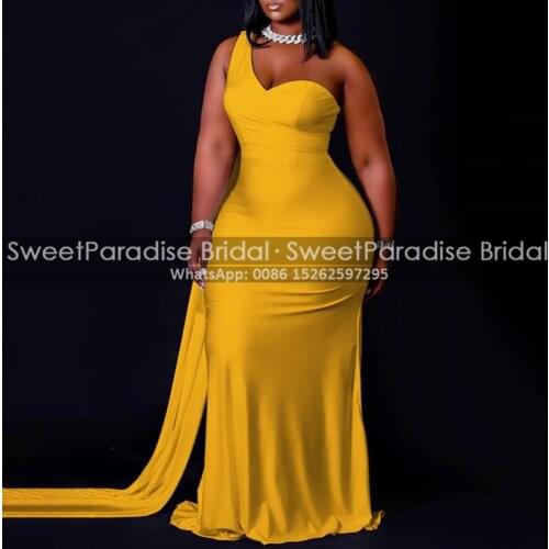 Gold Yellow Mermaid Bridesmaid Dresses With Streamer One Shoulder Plus Size Women Long Wedding Guest Dress