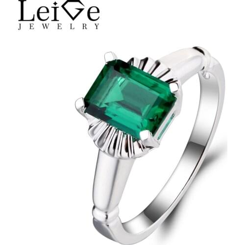 Leige Jewelry May Birthstone Lab Emerald Ring Promise Emerald Cut Green Gemstone 925 Sterling Silver Solitaire Ring for Women