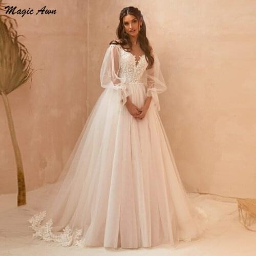 Magic Awn Princess Wedding Dresses 2021 Beach Lace Appliques Illusion Puffy Full Sleeve Tulle Boho A-Line Mariage Gowns Sukienka