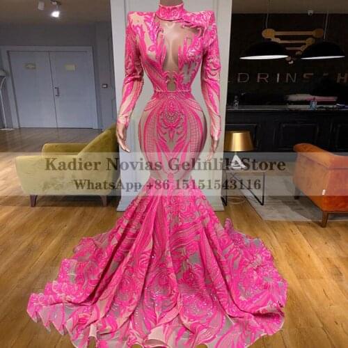 Womens Long Sleeves Mermaid Pink Backless Evening Dresses 2021 High Neck Prom Party Dress vestidos de noche