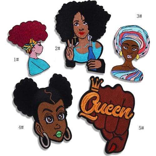 5pcs/lot African Girl Iron On patch For Clothes DIY T-shirt Jacket Black Girl Sequins Embroidery Patches For Clothing Decoration
