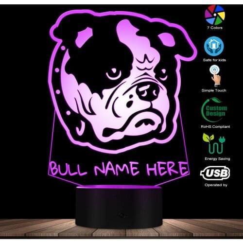 English Bulldog Portrait 3D LED Acrylic Light Custom Doggy Name British Bulldog 3D Optical illusion Lamp Night Lighting Decor