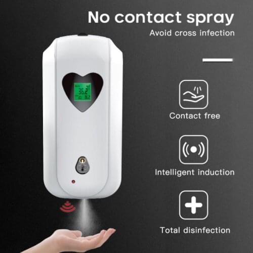 Body Temperature Measurement Alarm Auto Disinfect Liquid Spray Hand Sanitizer Soap Dispense with USB Rechargeable Battery