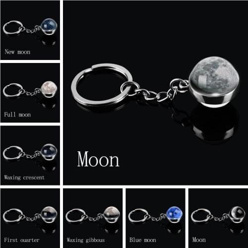 Moon Phase Image Planet Keychain Keyring Double Side Glass Ball Universe Nebula Key Chain Solar System Jewelry Christmas Gifts