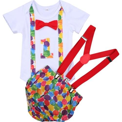 Citgeett Summer Toddler Baby Boys Outfits Circle Pattern O-Neck Romper + Elastic Suspender Shorts Birthday Set Clothes