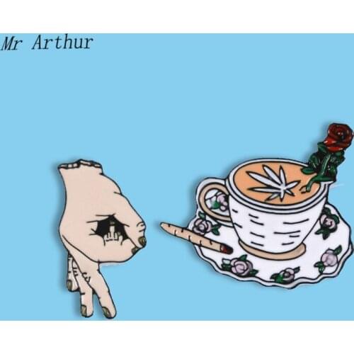 Flower Coffee Cup OK Gesture Enamel Pin Cigarette Rose Badge Brooch Backpack Clothes Lapel Pin Fashion Jewelry Gift for Friends