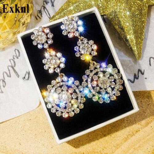 Exknl Fashion Flower Korean Earrings for Women Bijoux Christmas Bohemian Crystal Round Long Drop Wedding Earrings Jewelry Women
