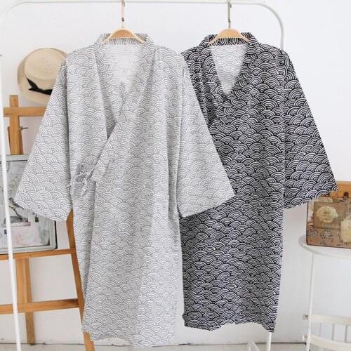 Men Robes Soft Loose Fashion Printing Kimono Robe Sleepwear Nightgown Loose Mid Length Bathrobe Cotton Black Grey Nightgown