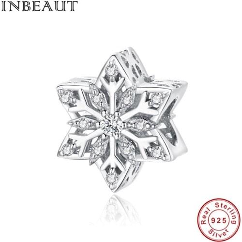 INBEAUT Genuine 925 sterling silver shiny snowflake beads zircon charm fit original bracelet making DIY jewelry women gifts