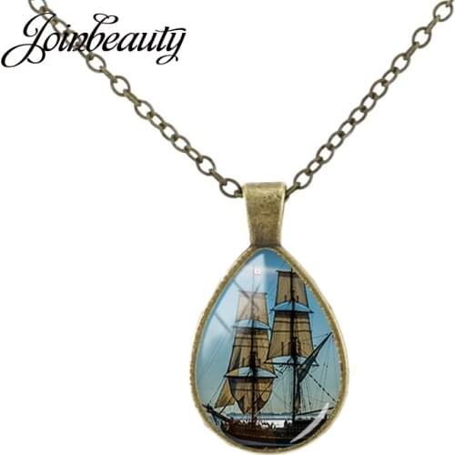 JOINBEAUTY Sailing Boat Set Sail Picture Vintage Necklace Glass Cabochon Tear Drop Pendant Jewelry Travel Party Accessories VT33