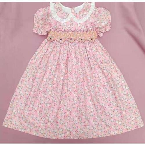 Summer baby girls smocked dresses flower hand made cotton peter pan collar kids dress children PRINCESS