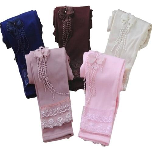 2017 Hot sale girls leggings Spring plus velvet cotton Fashion butterfly lace Beading girls pants 4-7 year leggings for girls