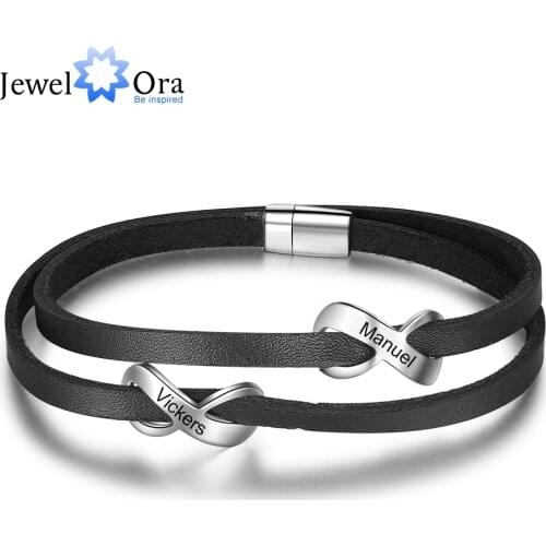 JewelOra Personalized Engraved Name Double Infinity Bracelets Stainless Steel Black Leather Bracelets for Men Gift for Fathers