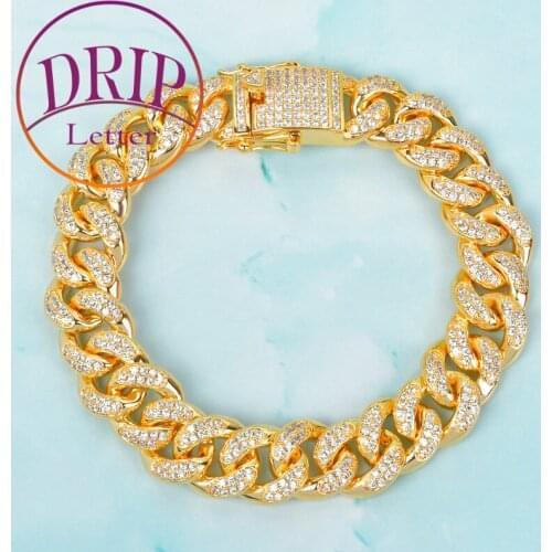 12MM Cuban Bracelet Gold Color Zircon Curb Link Iced CZ Chain For Men Plated Hip Hop Jewelry